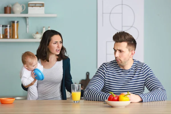 Stressed Couple Suffering Postnatal Depression Kitchen — Stock Photo, Image