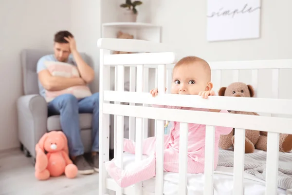 Cute Baby Bed Young Father Suffering Postnatal Depression Home — Stock Photo, Image