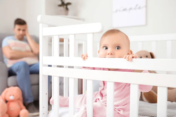 Cute Baby Bed Young Father Suffering Postnatal Depression Home — Stock Photo, Image