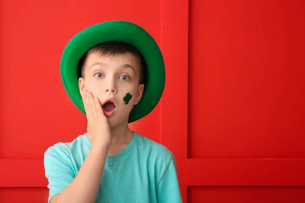 Surprised Little Boy Color Background Patrick Day Celebration — Stock Photo, Image