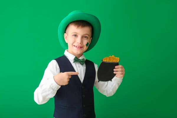 Funny Little Boy Leprechaun Pot Color Background Patrick Day Celebration — Stock Photo, Image