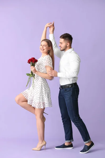 Happy Young Couple Bouquet Flowers Color Background — Stock Photo, Image