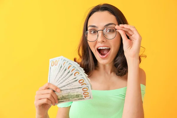 Beautiful Young Woman Money Color Background — Stock Photo, Image