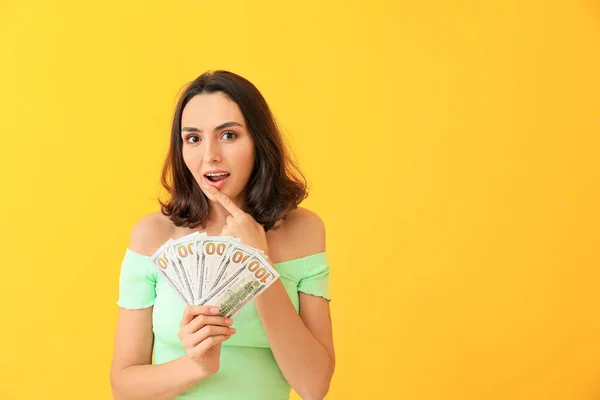 Beautiful Young Woman Money Color Background — Stock Photo, Image
