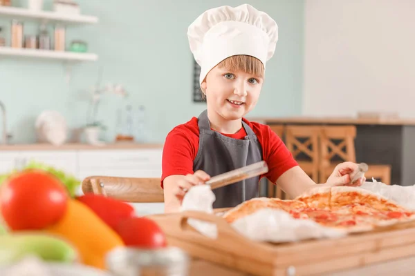 Cute Little Chef Cooking Pizza Kitchen — Stock Photo, Image