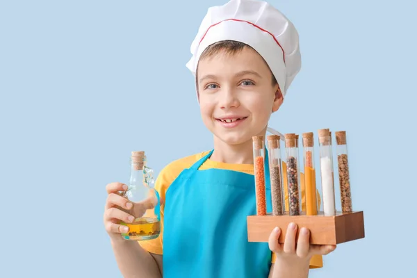 Cute Little Chef Przyprawami Tle Koloru — Zdjęcie stockowe