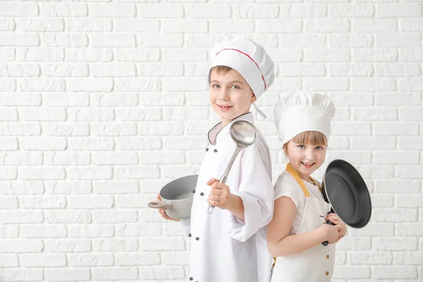 Cute Little Chefs Utensils White Brick Background — Stock Photo, Image