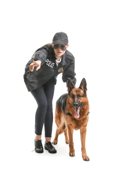 Жінка Поліцейський Собакою Білому Тлі — стокове фото