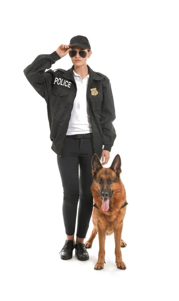 白地に犬を持つ女性警察官 — ストック写真