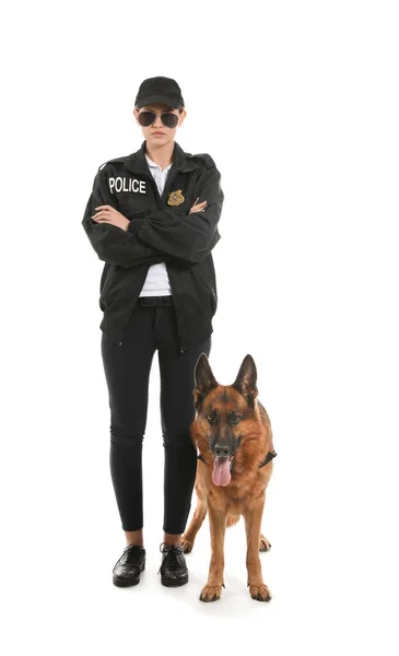 Mulher Policial Com Cão Fundo Branco — Fotografia de Stock