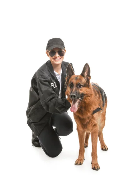 Female Police Officer Dog White Background — Stock Photo, Image