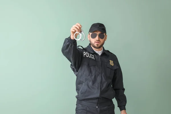 Male Police Officer Color Background — Stock Photo, Image