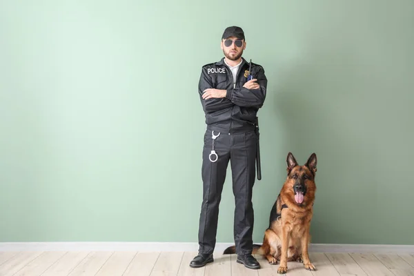 Male Police Officer Dog Color Wall — Stock Photo, Image