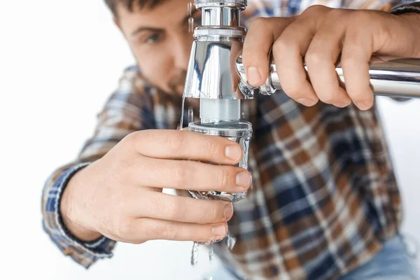 Plumber Connecting Sink Pipes Bathroom — Stock Photo, Image