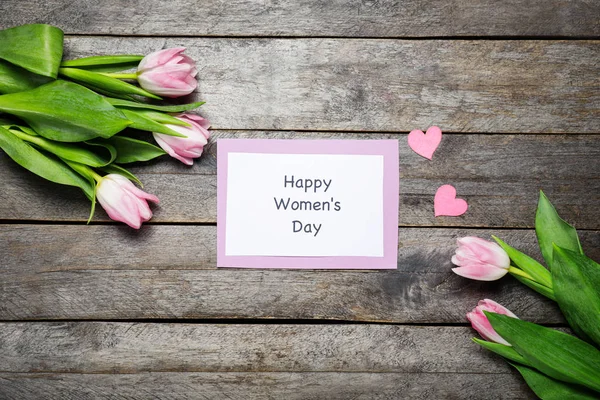 Card International Women Day Flowers Wooden Background — Stock Photo, Image
