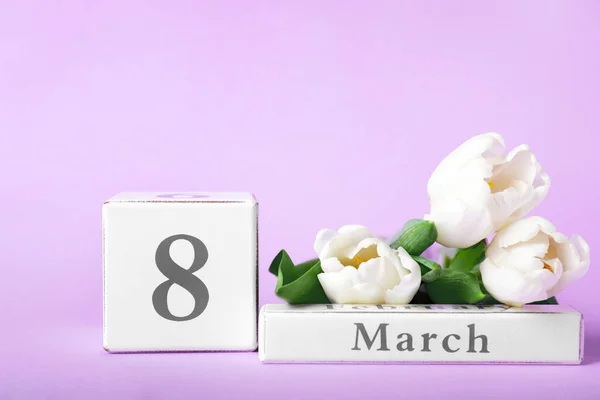 Calendário Com Data Dia Internacional Mulher Flores Fundo Cor — Fotografia de Stock