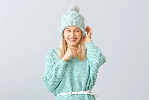 Beautiful Young Woman Warm Sweater Grey Background — Stock Photo, Image