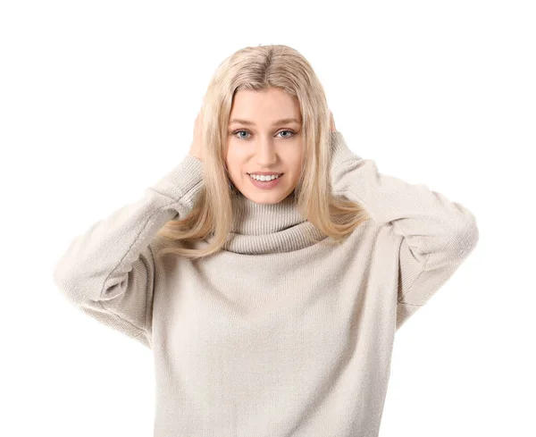 Beautiful Young Woman Warm Sweater White Background — Stock Photo, Image