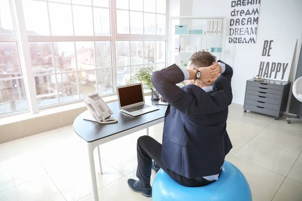 Businessman Sitting Fitness Ball While Working Office — Stock Photo, Image