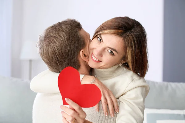 Beautiful Couple Red Heart Home — Stock Photo, Image