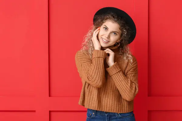 Beautiful Young Woman Warm Sweater Color Background — Stock Photo, Image