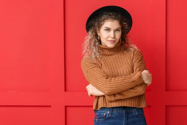 Beautiful Young Woman Warm Sweater Color Background — Stock Photo, Image