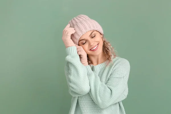 Beautiful Young Woman Warm Sweater Color Background — Stock Photo, Image