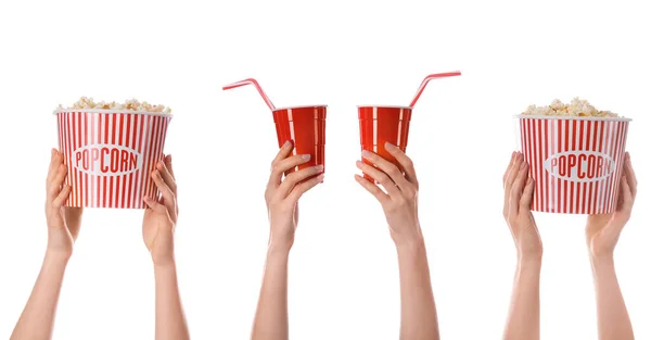 Viele Hände Mit Popcorn Eimern Und Getränkebechern Auf Weißem Hintergrund — Stockfoto