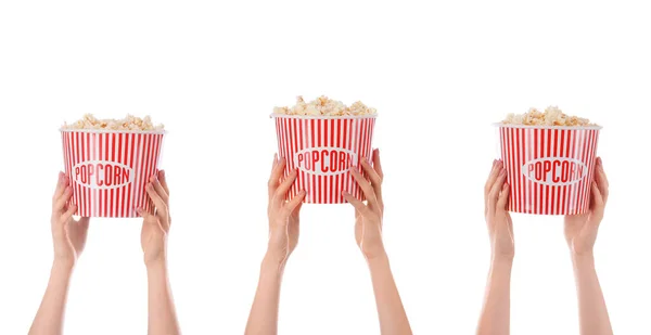 Viele Hände Mit Popcorn Eimern Auf Weißem Hintergrund — Stockfoto