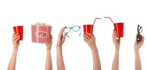 Viele Hände Mit Popcorn Getränkebechern Und Brillen Auf Weißem Hintergrund — Stockfoto