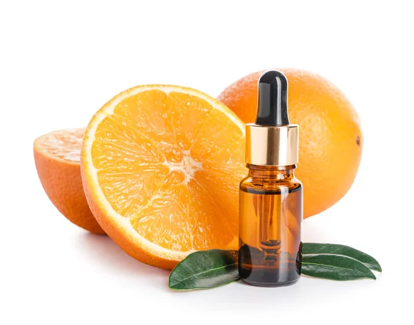 Bottle Orange Essential Oil White Background — Stock Photo, Image