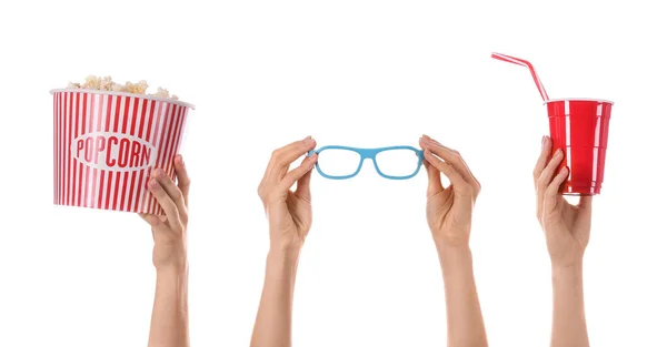 Muchas Manos Con Palomitas Maíz Taza Bebida Anteojos Sobre Fondo —  Fotos de Stock