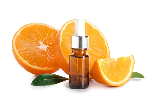 Bottle Orange Essential Oil White Background — Stock Photo, Image