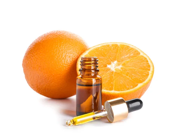 Bottle Orange Essential Oil White Background — Stock Photo, Image