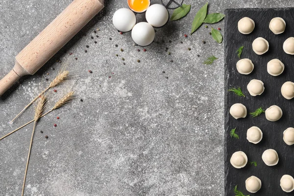 Raw Fresh Dumplings Rolling Pin Eggs Grey Background — Stock Photo, Image