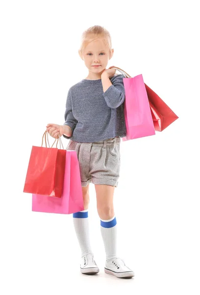 Linda Niña Con Bolsas Compras Sobre Fondo Blanco —  Fotos de Stock