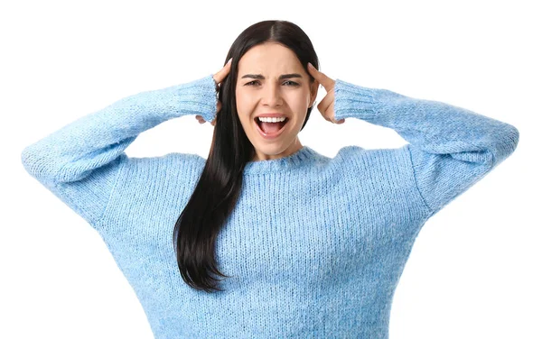 Stressed Young Woman Warm Sweater White Background — Stock Photo, Image