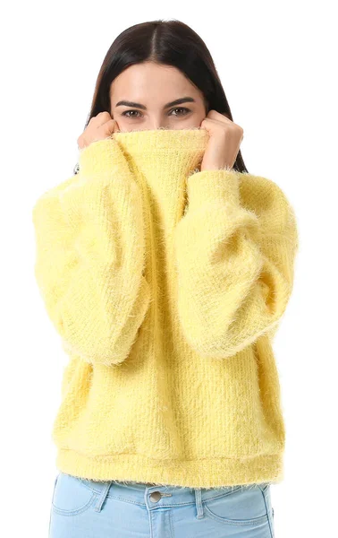 Beautiful Young Woman Warm Sweater White Background — Stock Photo, Image