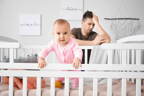 Young Man Suffering Postnatal Depression Bed Baby Home — Stock Photo, Image