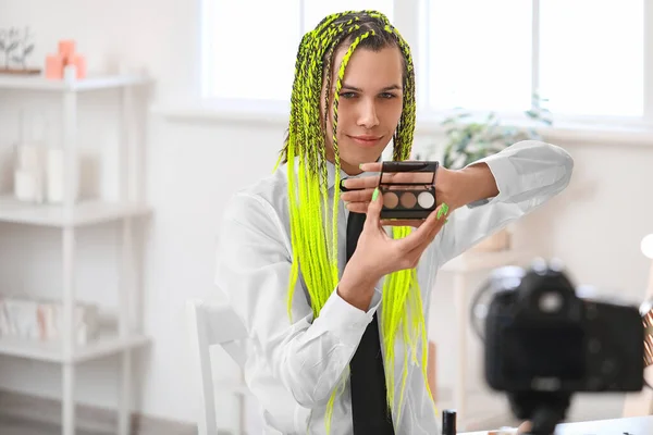 Transgender Beauty Blogger Recording Video Home — Stock Photo, Image