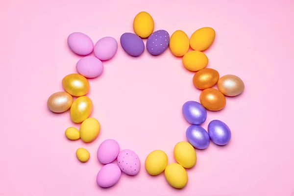 Frame Made Beautiful Easter Eggs Color Background — Stock Photo, Image