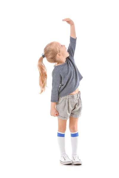 Nettes Kleines Mädchen Messung Höhe Auf Weißem Hintergrund — Stockfoto