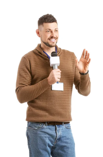 Periodista Masculino Con Micrófono Sobre Fondo Blanco — Foto de Stock