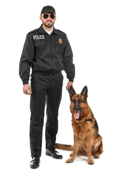 Man Politie Officier Met Hond Witte Achtergrond — Stockfoto