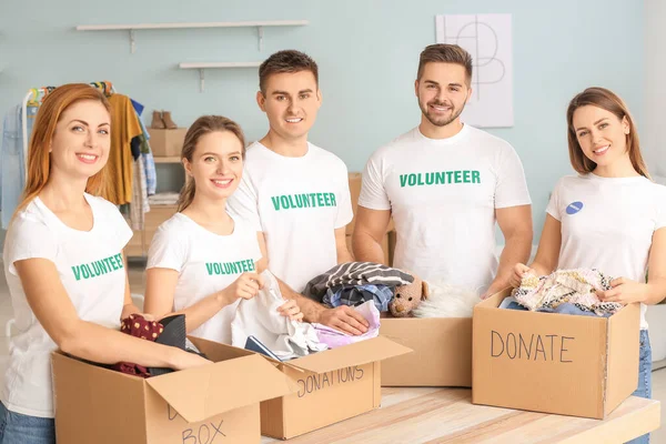 Team Volunteers Donations Poor People Indoors — Stock Photo, Image
