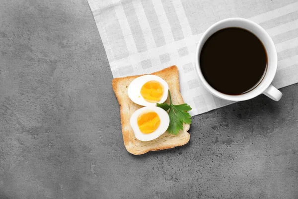 Fresh Boiled Egg Toasted Bread Cup Coffee Dark Background — Stock Photo, Image