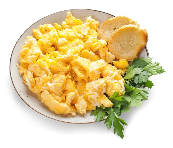 Plate Scrambled Egg Bread White Background — Stock Photo, Image