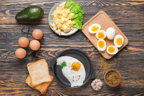 Different Tasty Dishes Eggs Wooden Table — Stock Photo, Image