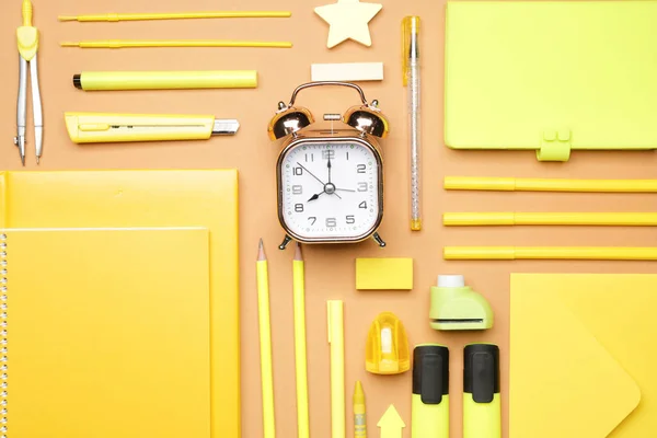 Set School Supplies Clock Color Background — Stock Photo, Image