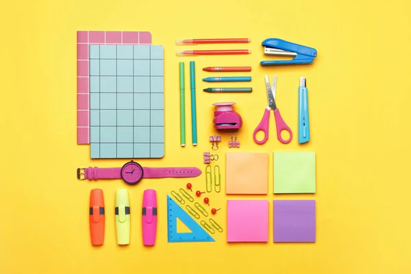Set School Supplies Clock Color Background — Stock Photo, Image
